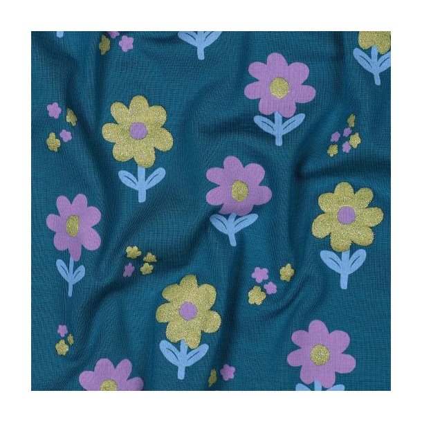 �kotex bomulds jersey Glitter Flowers, Petrol