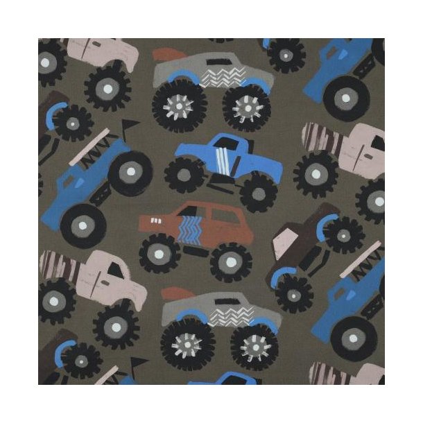 Fine poplin digital Monstertrucks, Army green