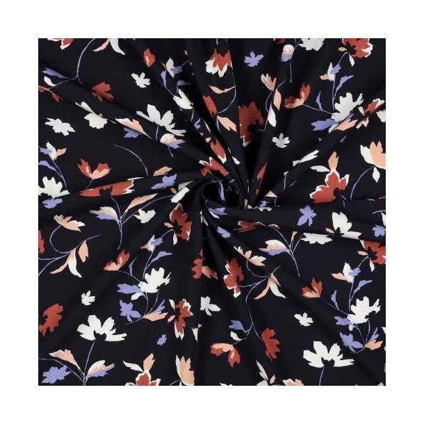 Viscose poplin stretch Flowers, Navy