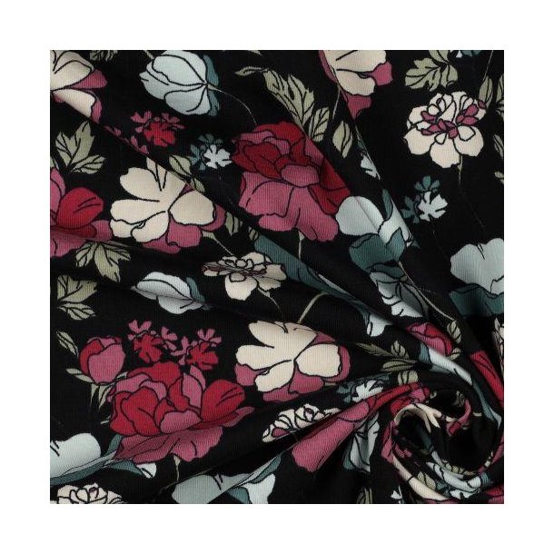 �kotex bomulds jersey Big Flowers, Black