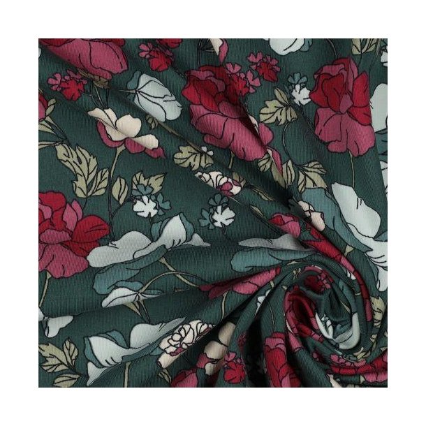 �kotex bomulds jersey Big Flowers, Emerald