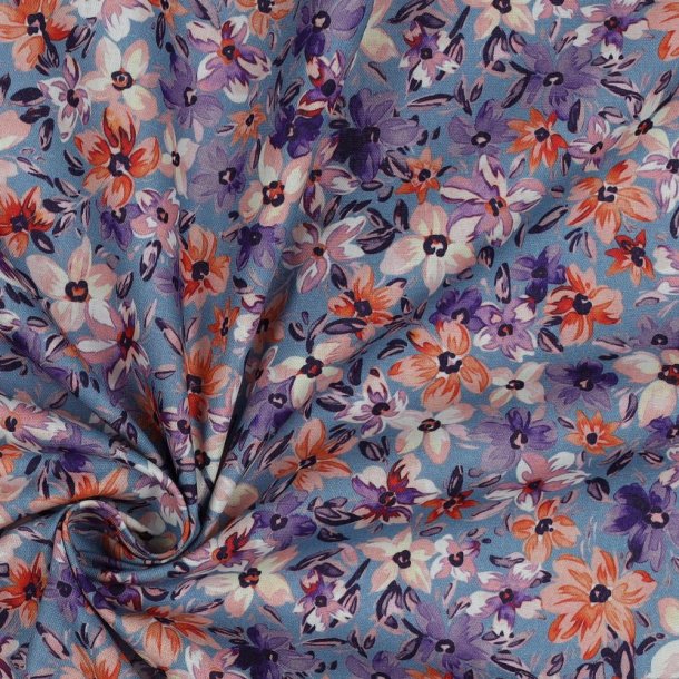 Poplin digital Flowers, Sky blue