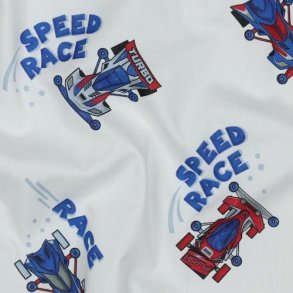 Fine poplin digital Race cars, White