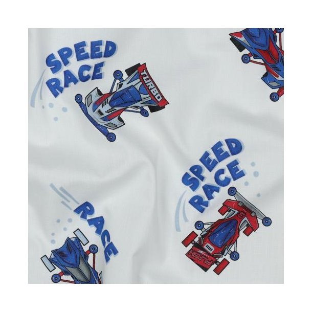 Fine poplin digital Race cars, White