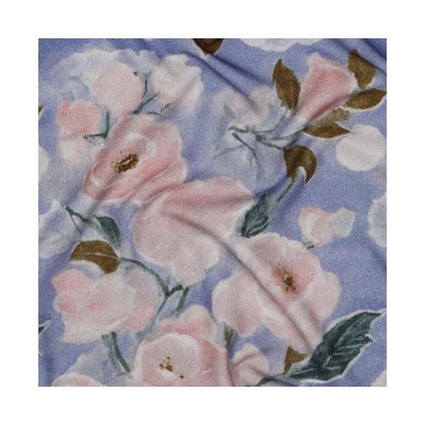 Viscose jersey digital Flowers, Light blue