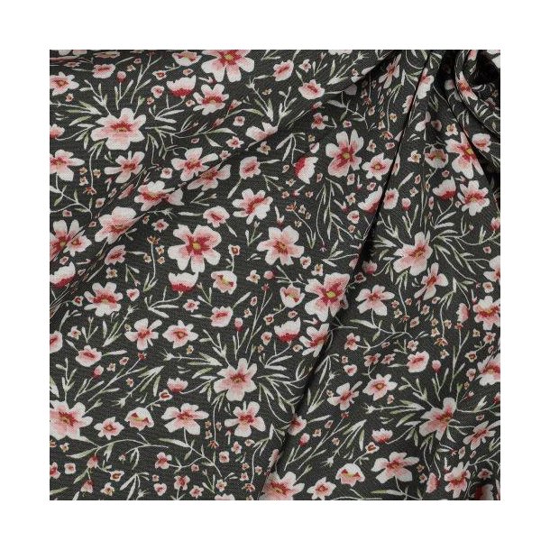 Viscose poplin stretch Flowers, Army green