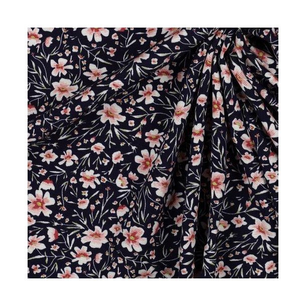 Viscose poplin stretch Flowers, Navy