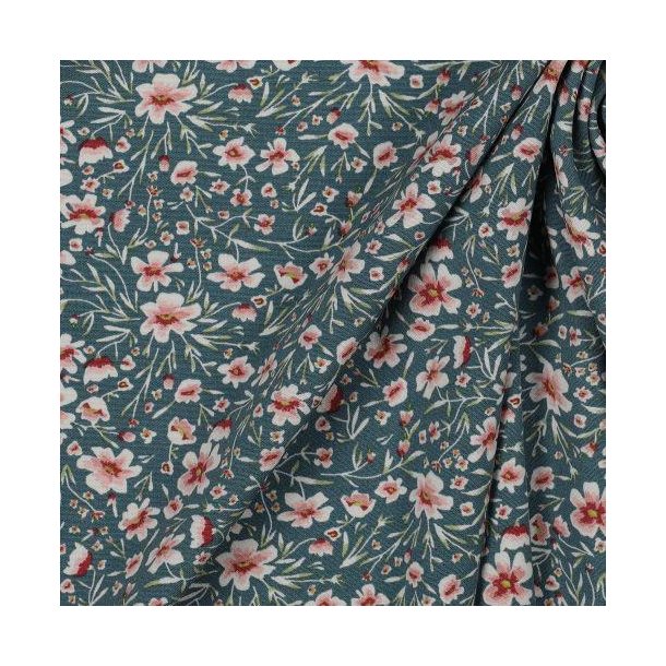 Viscose poplin stretch Flowers, Light cyan