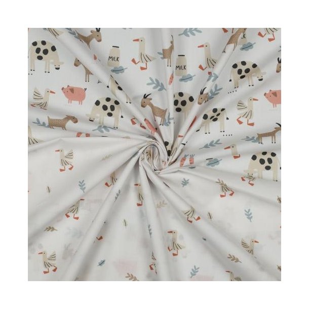 Fine poplin Gots Farm Animals, White