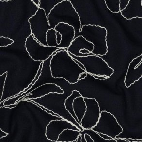 Linen viscose Embroidery Flowers, Navy