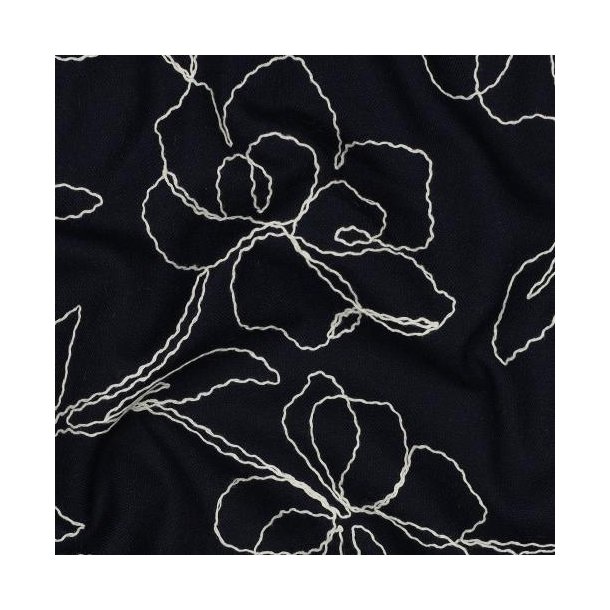 Linen viscose Embroidery Flowers, Navy