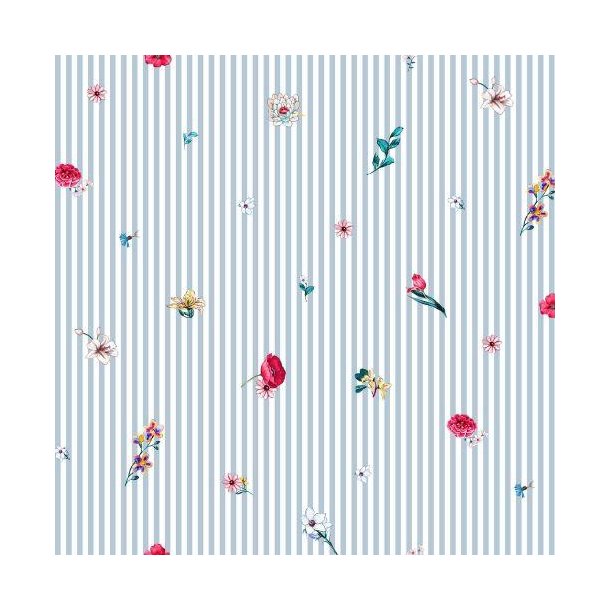 Poplin digital Flowers with stripes, Baby blue