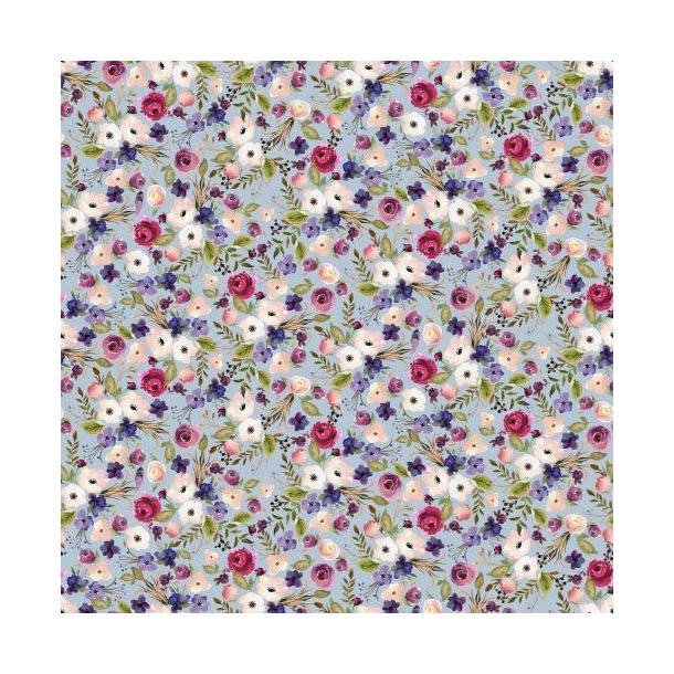 Poplin digital Flowers, Baby blue