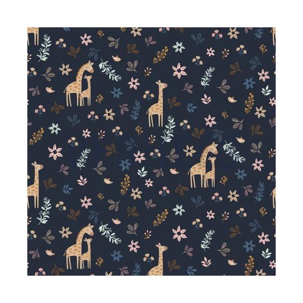 Gots Poplin Giraffe with Flowers, Navy