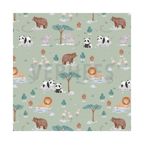 Poplin digital ZOO animals, Light green