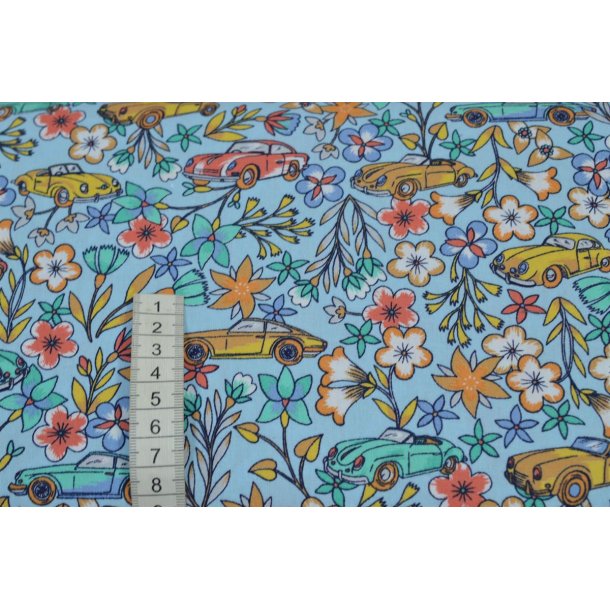 Bomuld/poplin Lysebl� m/bil og blomst