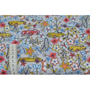 Bomuld/Poplin  Lysgr� m/Bil og blomst