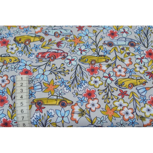 Bomuld/Poplin  Lysgr� m/Bil og blomst