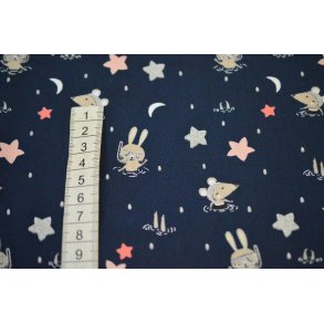 Bomuld/poplin marine m/mus og kanin