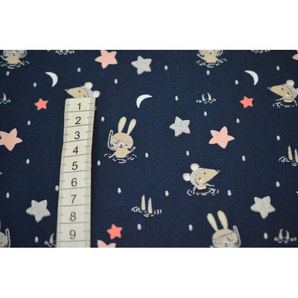 Bomuld/poplin marine m/mus og kanin