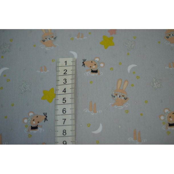 Bomuld/poplin  gr� m/kanin og mus