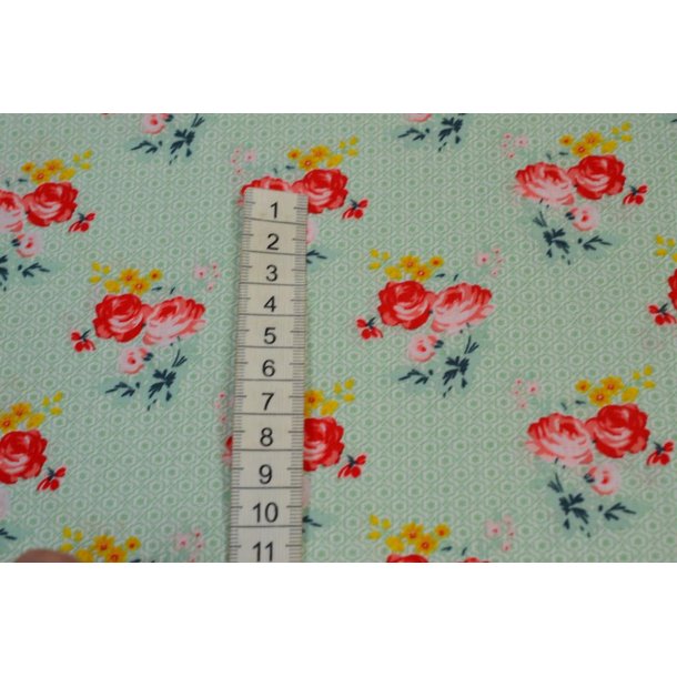 Bomuld/poplin Lysgr�n m/Roser