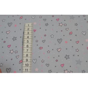Bomuld/Poplin Lys gr� m/hjerter og stjerner