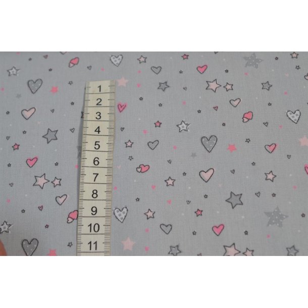 Bomuld/Poplin Lys gr� m/hjerter og stjerner