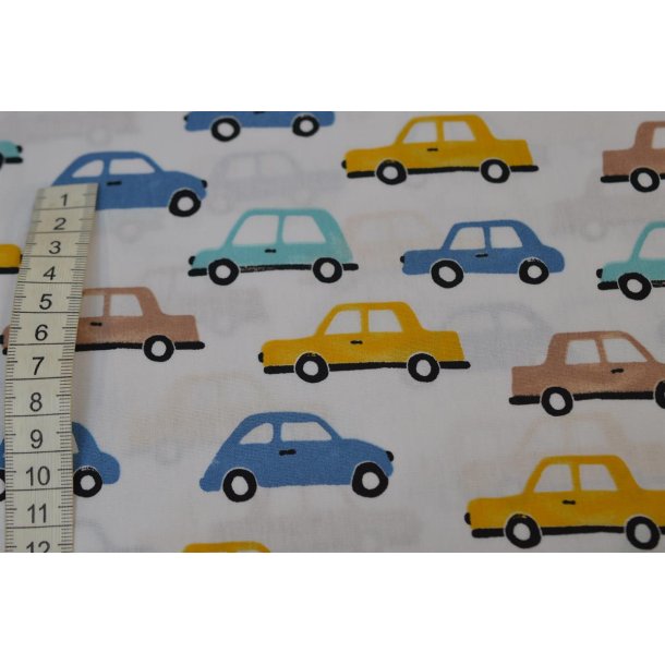 Poplin Hvid  m/Biler