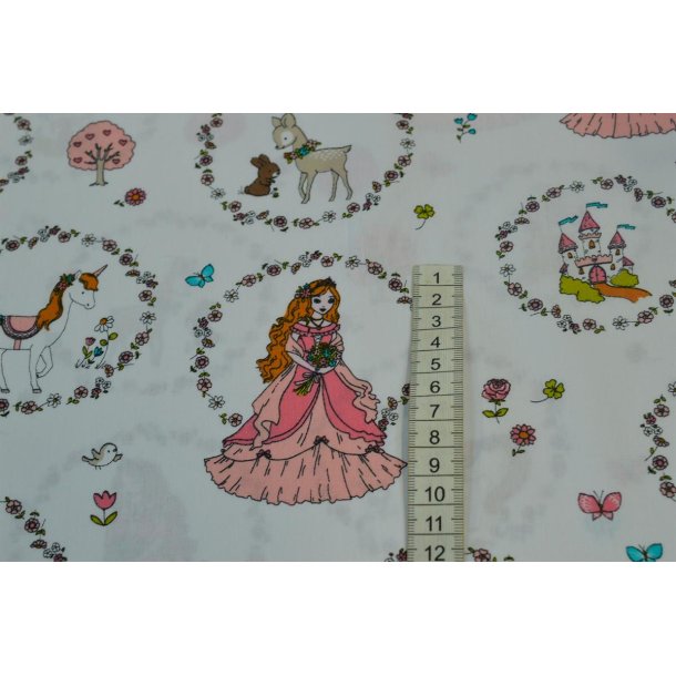 Bomuld/poplin Hvid m/prinsesse, hest, slot mm.