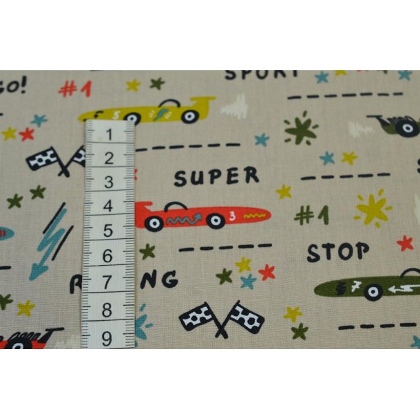 Bomuld/poplin Beige m/Racebiler