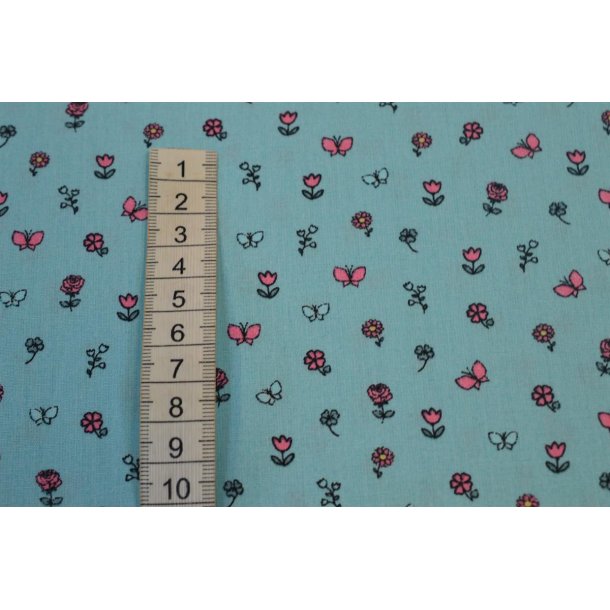 Bomuld/poplin Turkis m/sm� blomster