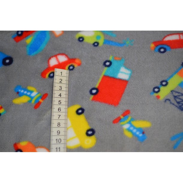 Minky fleece Gr� m/ biler, fly mm.