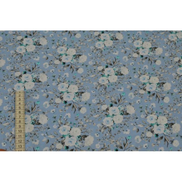 Bomuld/poplin Lysebl� m/Roser