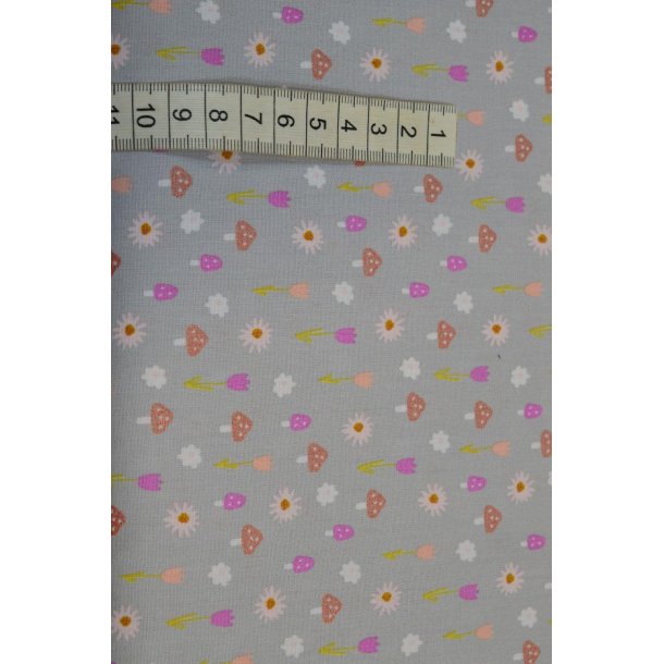 Bomuld/poplin Gr� m/blomster og glimmer