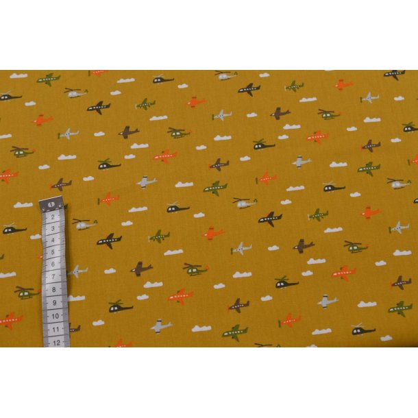 �kotex Bomuld poplin m/flyvemaskiner karrygul