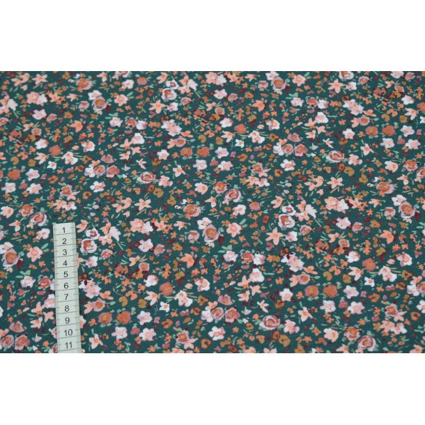 �kotex Bomulds Jersey m/blomster Petrol                                                                                      