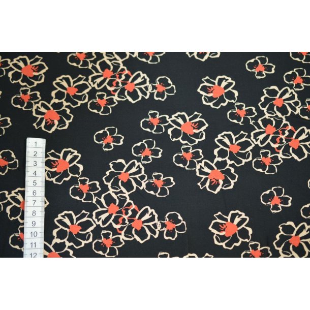 Poplin Viscose/elastan m/blomster Sort