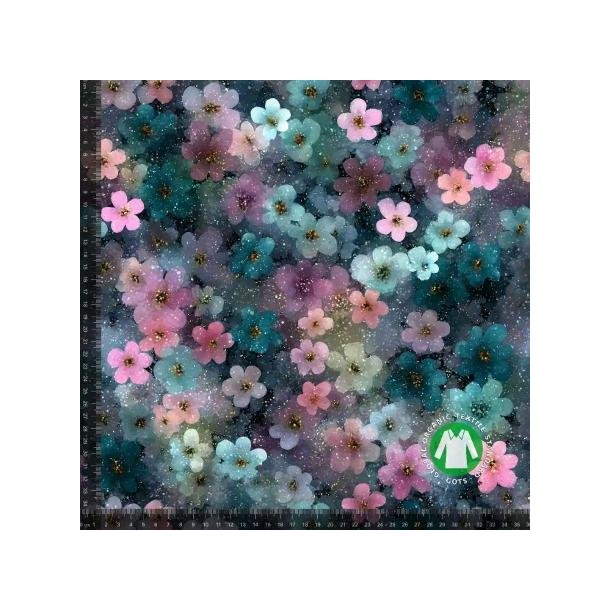 �kotex bomulds jersey, Blomster m/glitter