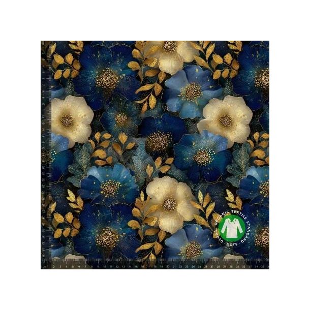 �kotex bomulds jersey, Bl� og guld blomst